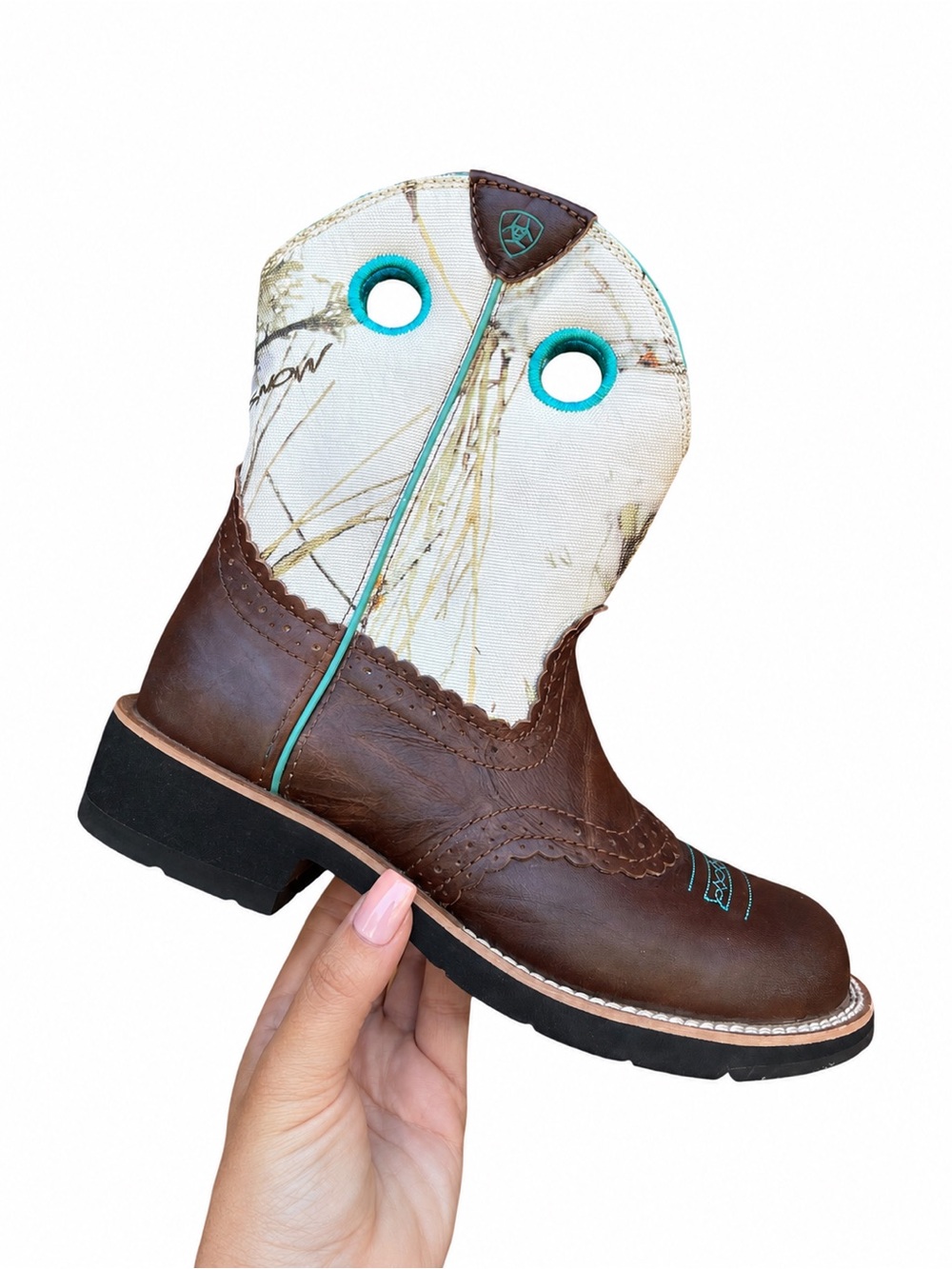 Ariat Fatbaby Realtree Camo Brown Teal Leather Western Cowboy Boots Womens 7.5